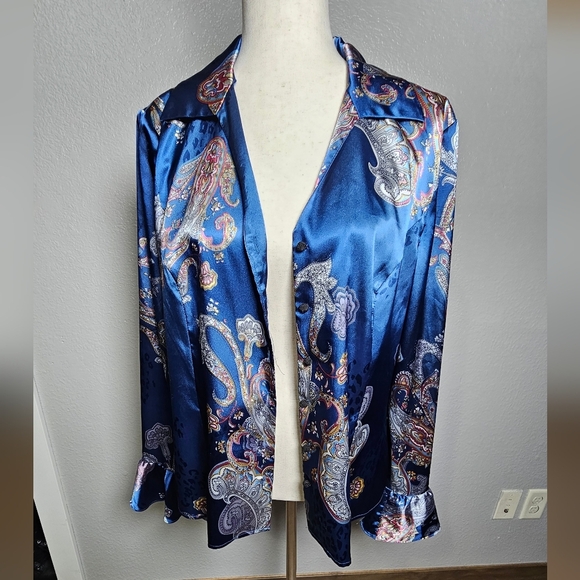 Spense Paisley Satin Blouse - Blue pink Ruffle Statement Sleeve Button Up Large - Picture 6 of 16
